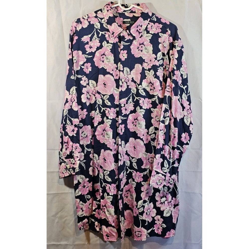 Ralph Lauren Shirt Dress Size XL Navy with Pink Flowers Button Up Preppy